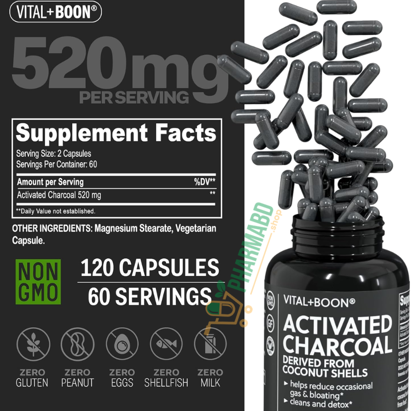 Vital+Boon Activated Charcoal, Coconut Shell 120 Capsules