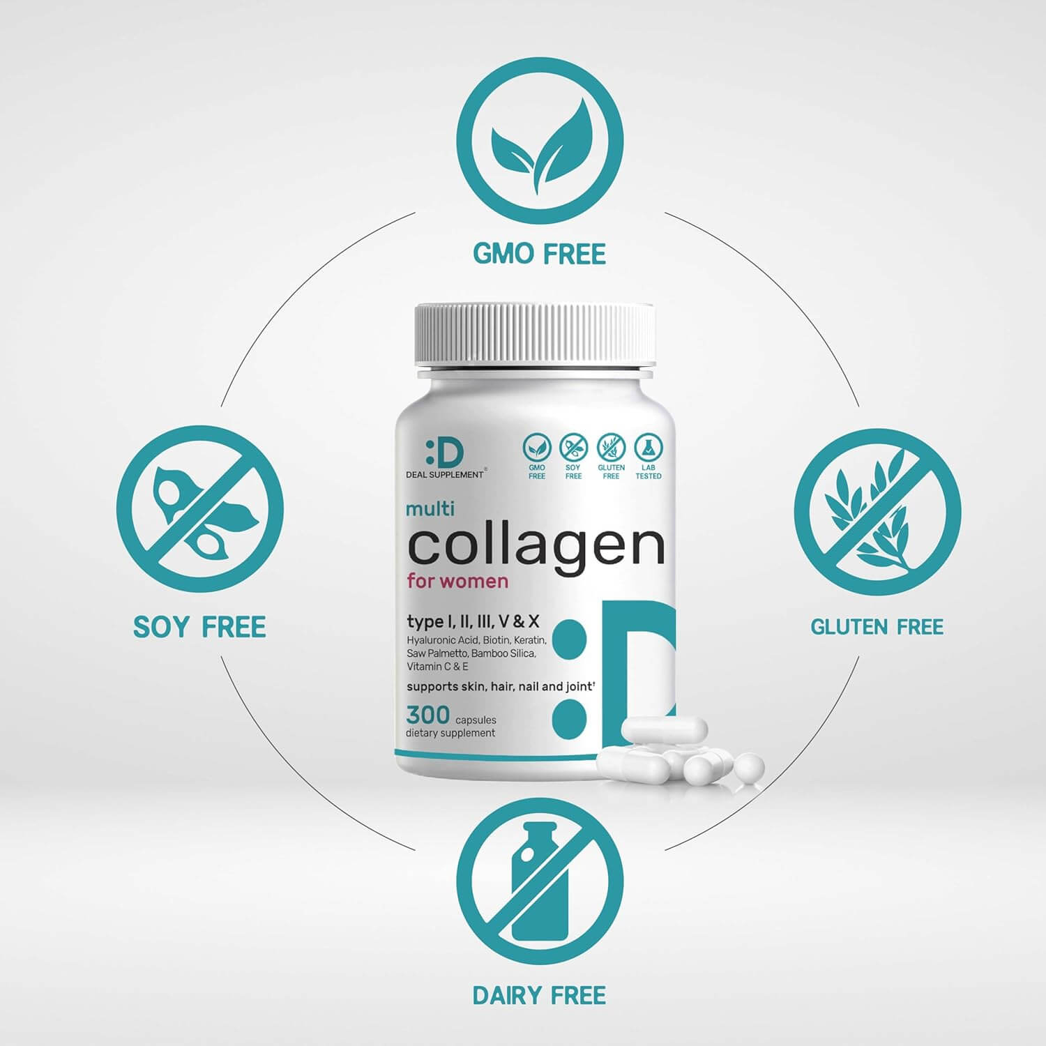 DEAL SUPPLEMENT Multi Collagen Pills for Women & Men with Vitamin C, E & Biotin, 300 Capsules