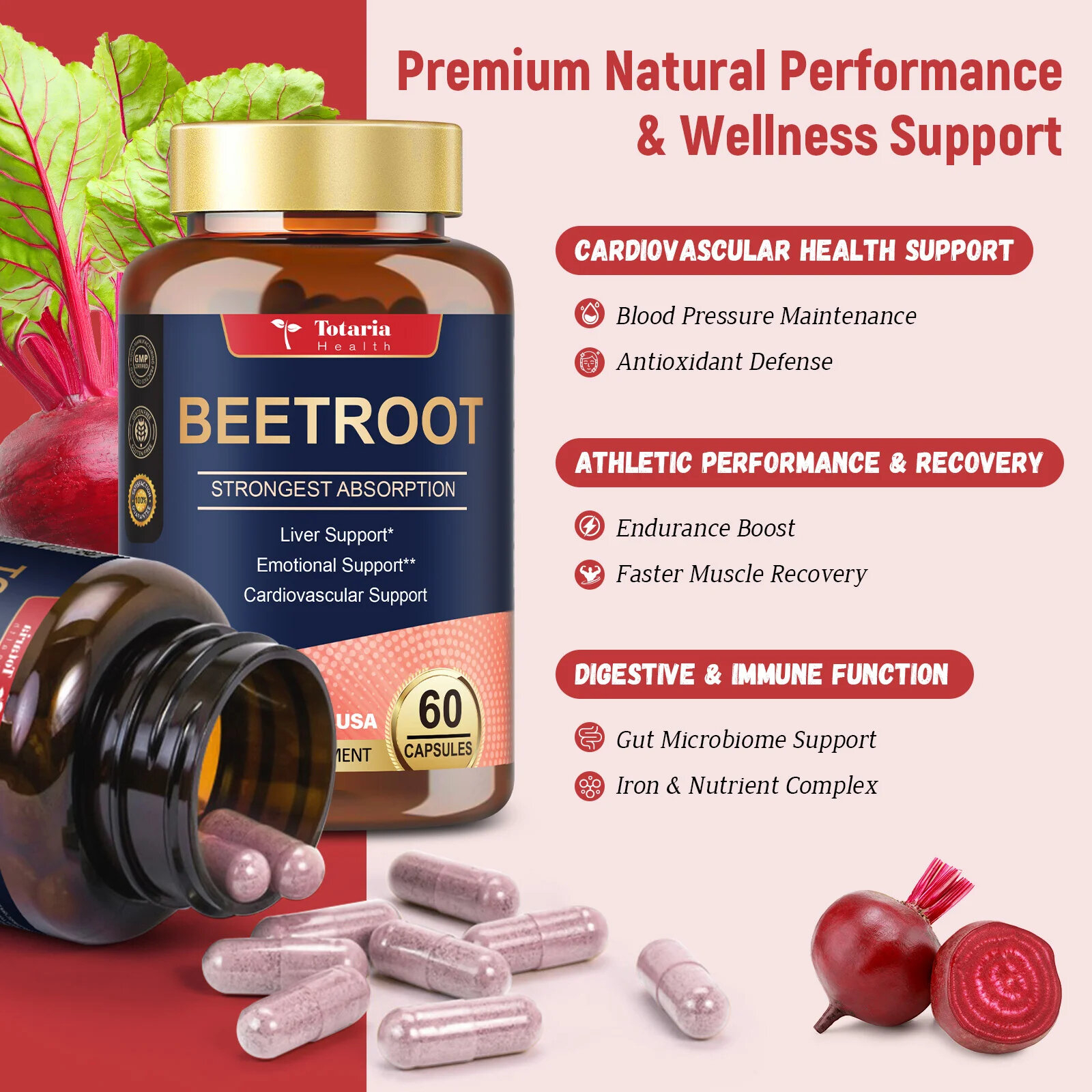 Totaria Health Organic Beet Root Capsules 1300mg 60 VegCapsules