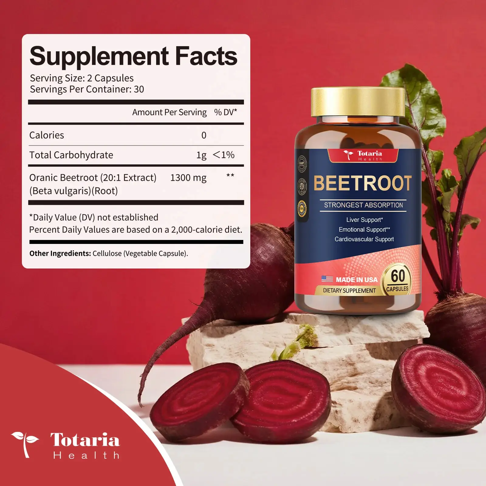 Totaria Health Organic Beet Root Capsules 1300mg 60 VegCapsules