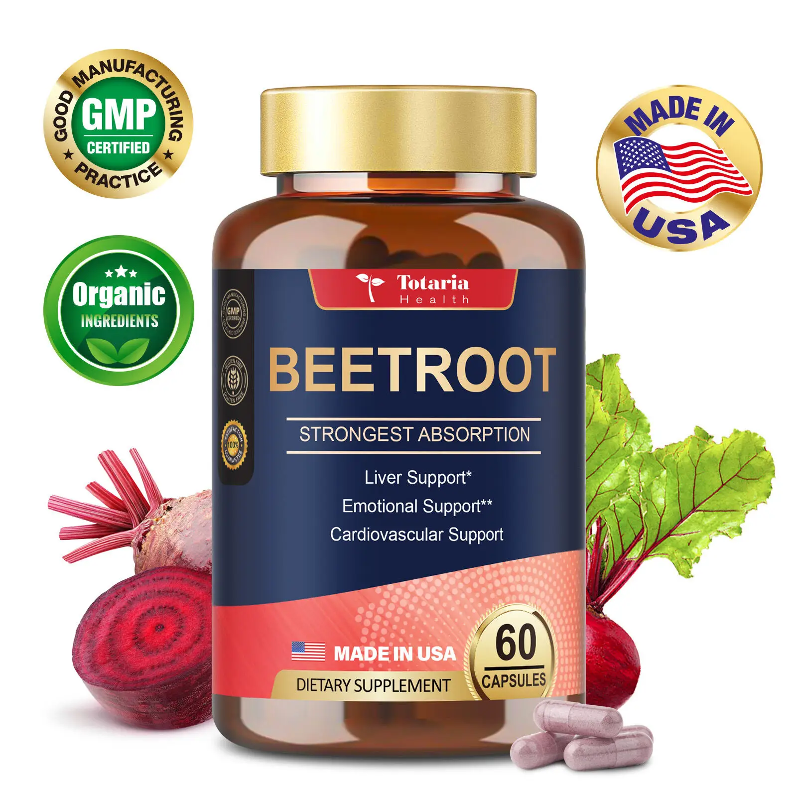 Totaria Health Organic Beet Root Capsules 1300mg 60 VegCapsules