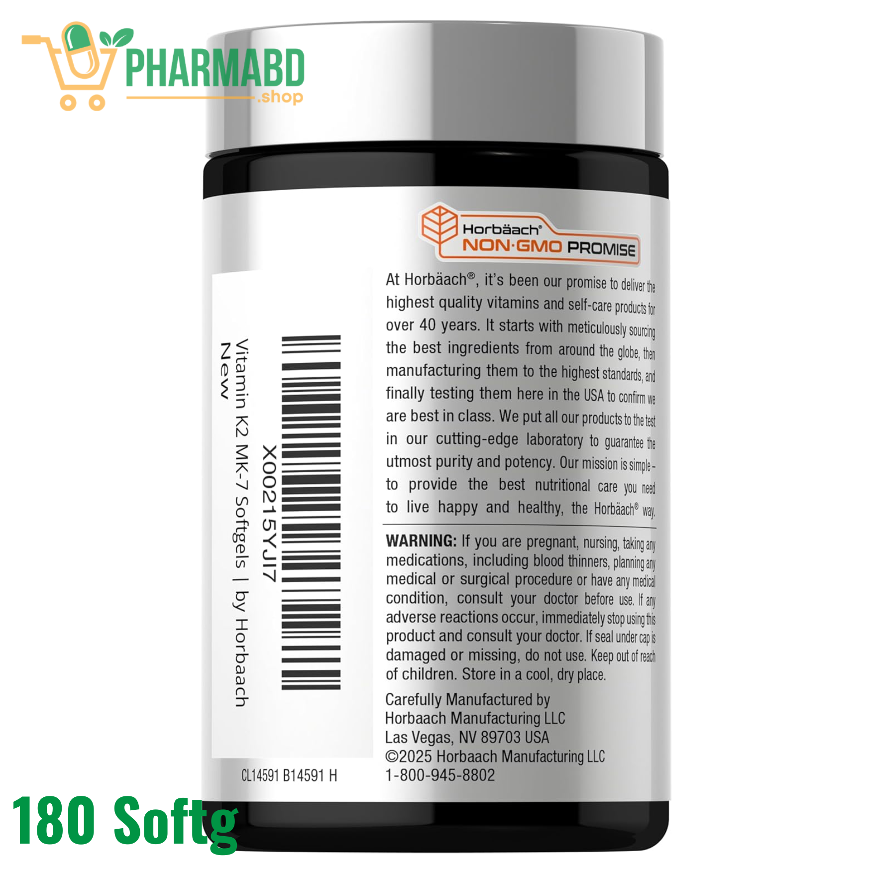 Horbäach Vitamin D3 5000 IU, & K2 MK-7, 100 mcg, 180 Softgel