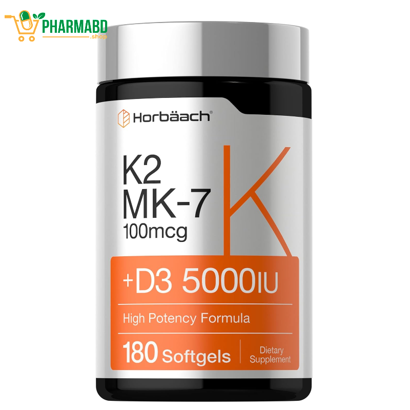 Horbäach Vitamin D3 5000 IU, & K2 MK-7, 100 mcg, 180 Softgel