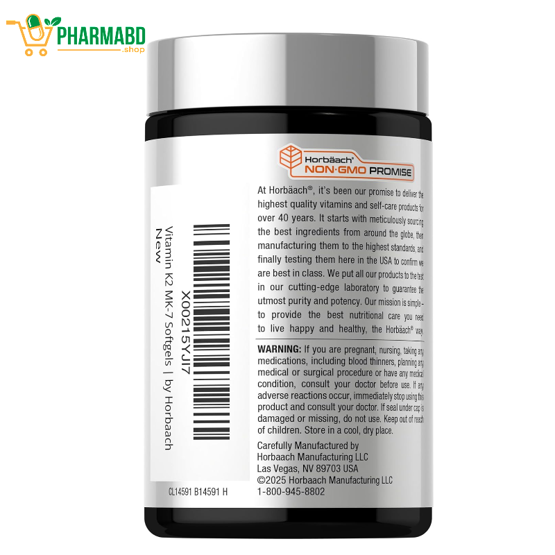 Horbäach Vitamin D3 5000 IU, & K2 MK-7, 100 mcg, 180 Softgel