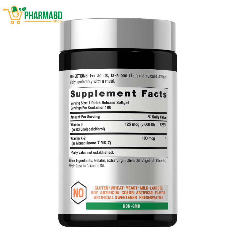 Horbäach Vitamin D3 5000 IU, & K2 MK-7, 100 mcg, 180 Softgel