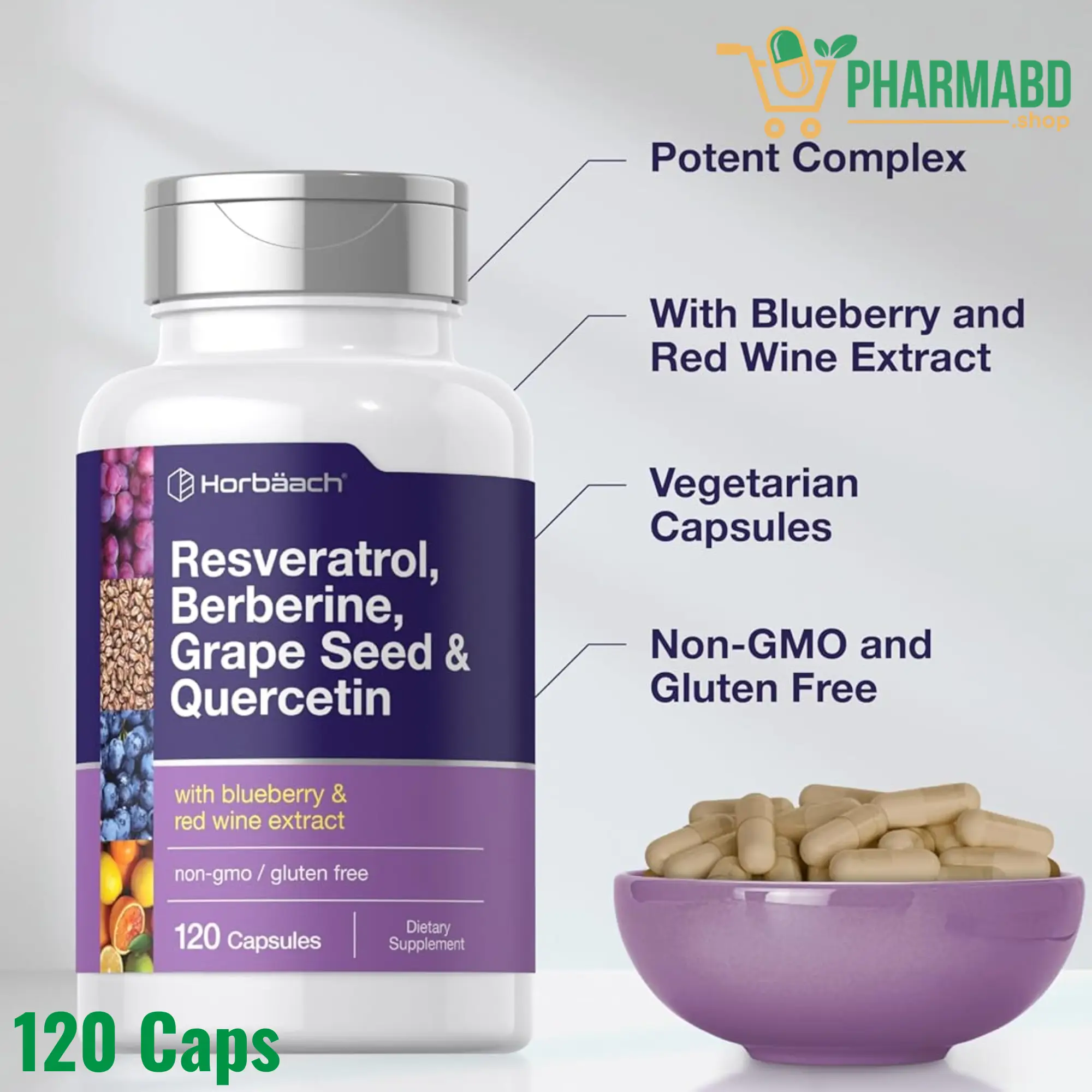 Horbäach Resveratrol Berberine Grape Seed & Quercetin, 120 Capsules