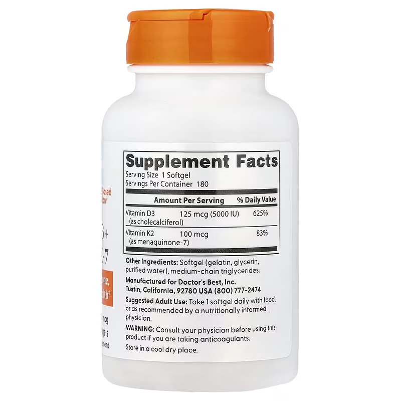 Doctor's Best, Vitamin D3 + K2 MK-7, 180 Softgels
