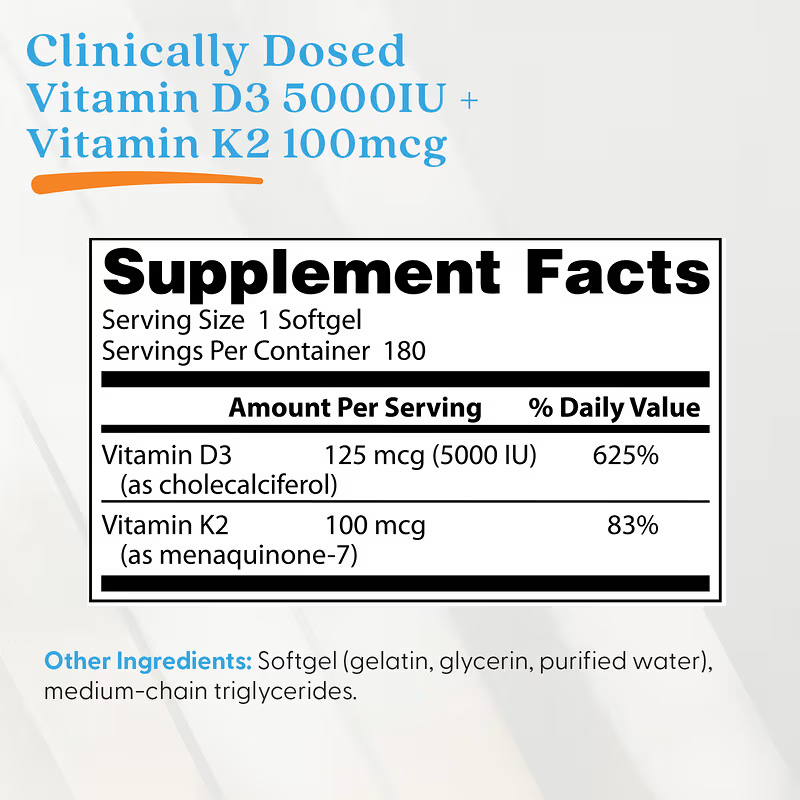 Doctor's Best, Vitamin D3 + K2 MK-7, 180 Softgels