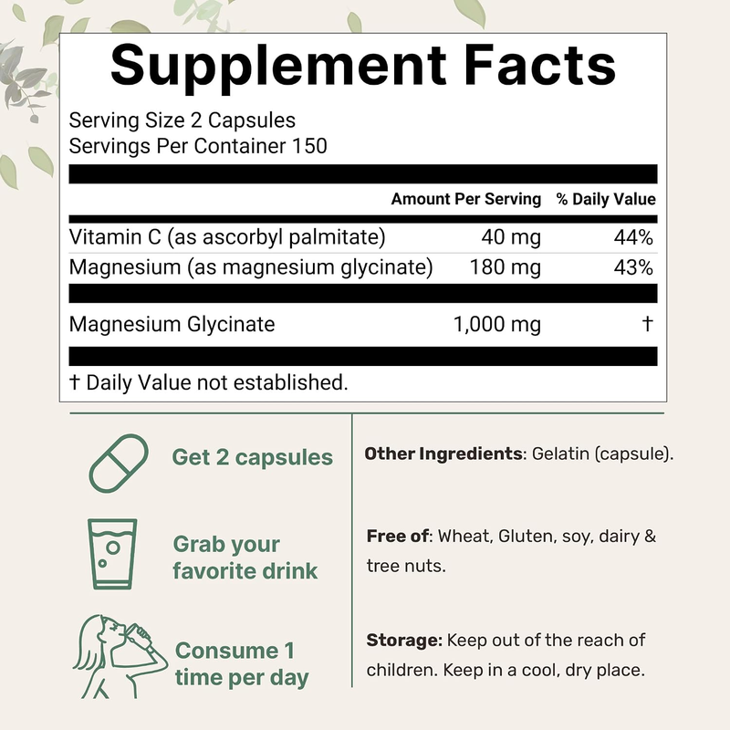 Micro Ingredients Pure Magnesium Glycinate 1000 mg With Vitamin C, 300 Capsules