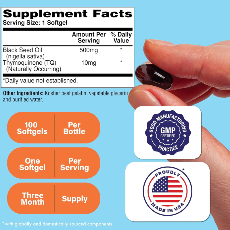 Health Thru Nutrition Black Seed Oil 500mg 100 Softgels 2% Thymoquinone, 100 Softgels