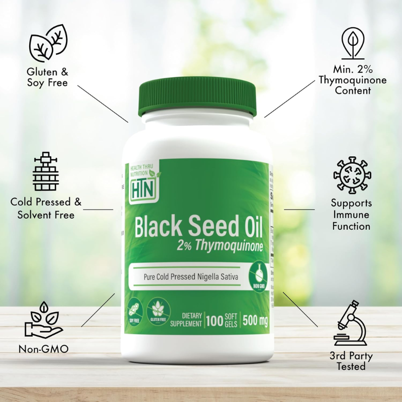 Health Thru Nutrition Black Seed Oil 500mg 100 Softgels 2% Thymoquinone, 100 Softgels