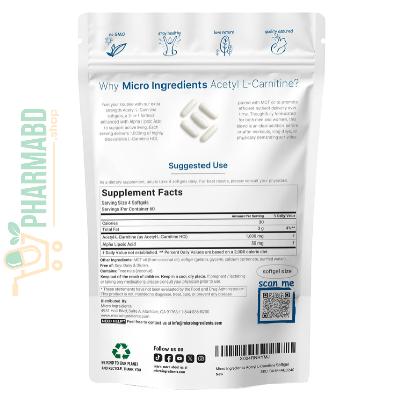 Micro Ingredients Acetyl L-Carnitine 1000mg, with Alpha Lipoic Acid, 240 Softgels