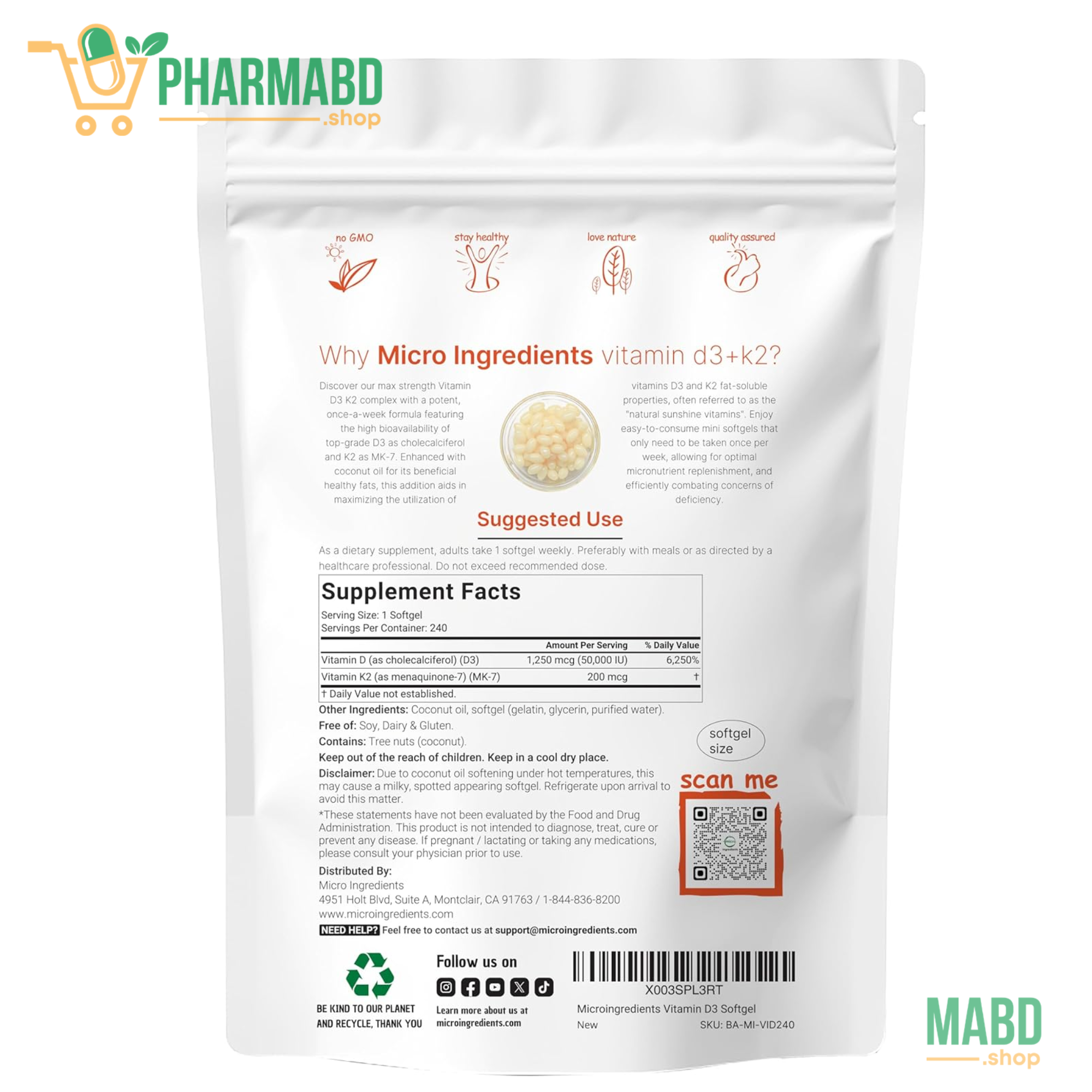Micro Ingredients Vitamin D3 50,000 IU + K2 MK-7 200 mcg, 240 Softgels