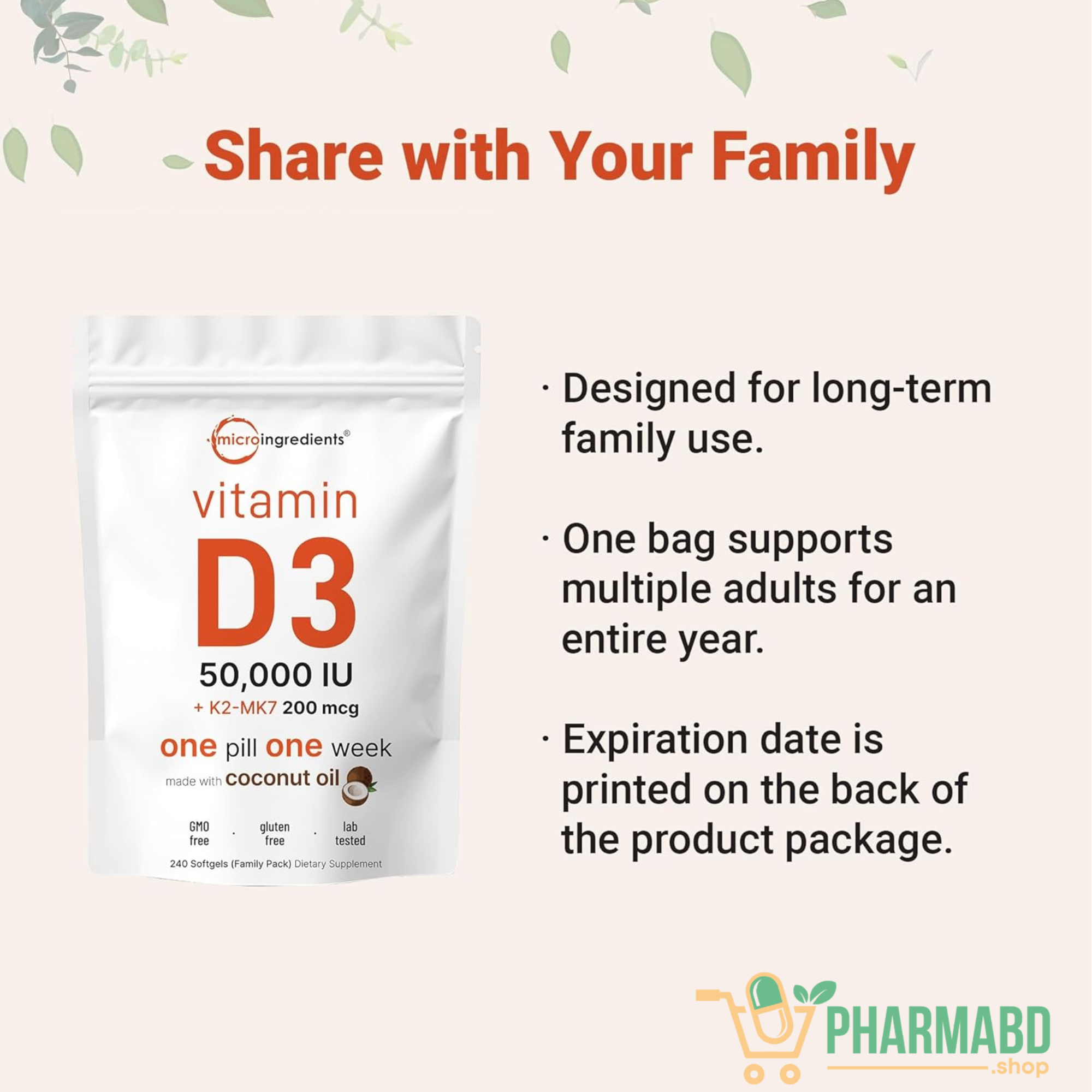 Micro Ingredients Vitamin D3 50,000 IU + K2 MK-7 200 mcg, 240 Softgels